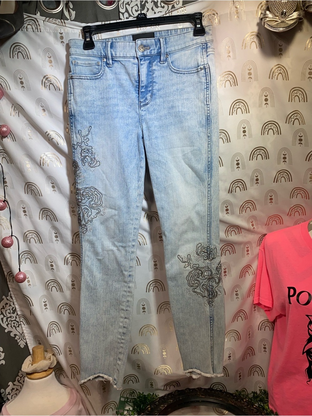 White House Black Market Light Wash Skinny Jeans with Embroidery high rise